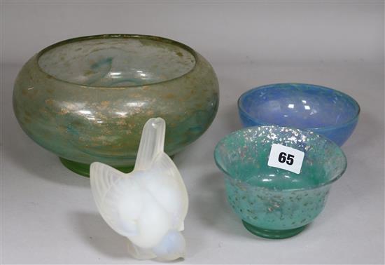 Three Monart type glass bowls and a Sabino bird